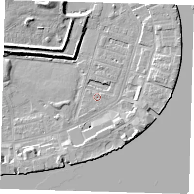 Shaded relief map of the ground around E143DL, computed from Environment Agency LiDAR. The ground here sits at about 2 m above sea level and falls 12 m across the surrounding 800 m. Surface water reaching this point runs off ground lying to the east-north-east, 6.4 m higher.