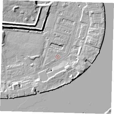 Shaded relief map of the ground around E143DN, computed from Environment Agency LiDAR. The ground here sits at about 2 m above sea level and falls 10 m across the surrounding 800 m. Surface water reaching this point runs off ground lying to the south, 5.1 m higher.