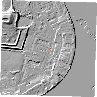 Shaded relief map of the ground around E143DP, computed from Environment Agency LiDAR. The ground here sits at about 2 m above sea level and falls 12 m across the surrounding 800 m. Surface water reaching this point runs off ground lying to the south-east, 1.7 m higher.