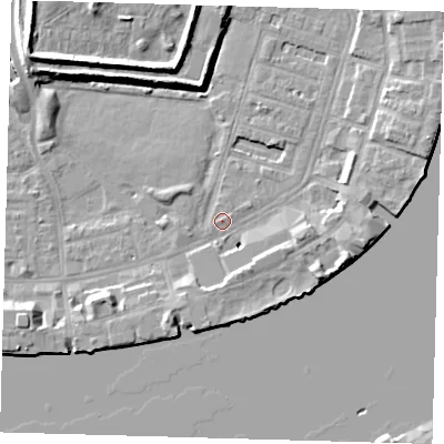 Shaded relief map of the ground around E143DQ, computed from Environment Agency LiDAR. The ground here sits at about 3 m above sea level and falls 11 m across the surrounding 800 m. Surface water reaching this point runs off ground lying to the south-south-east, 5.1 m higher.