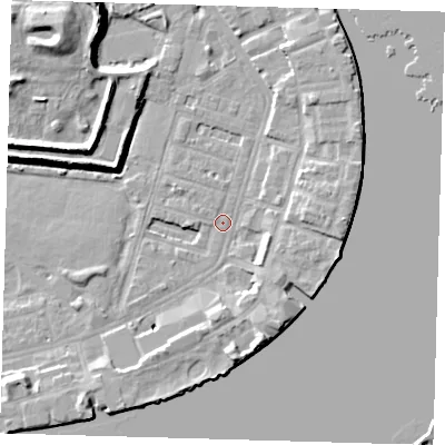 Shaded relief map of the ground around E143DR, computed from Environment Agency LiDAR. The ground here sits at about 2 m above sea level and falls 12 m across the surrounding 800 m. Surface water reaching this point runs off ground lying to the west, 1.4 m higher.