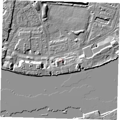 Shaded relief map of the ground around E143DS, computed from Environment Agency LiDAR. The ground here sits at about 5 m above sea level and falls 8 m across the surrounding 800 m. Surface water reaching this point runs off ground lying to the south-east, 3.8 m higher.