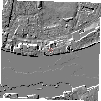 Shaded relief map of the ground around E143DT, computed from Environment Agency LiDAR. The ground here sits at about 5 m above sea level and falls 7 m across the surrounding 800 m. Surface water reaching this point runs off ground lying to the north-north-east, 1.9 m higher.