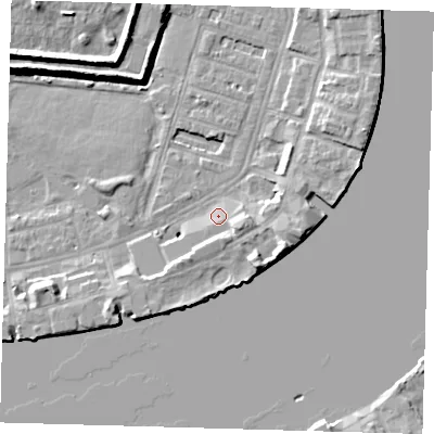 Shaded relief map of the ground around E143DW, computed from Environment Agency LiDAR. The ground here sits at about 3 m above sea level and falls 10 m across the surrounding 800 m. Surface water reaching this point runs off ground lying to the east-south-east, 3.7 m higher.