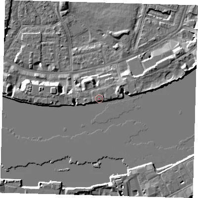 Shaded relief map of the ground around E143DY, computed from Environment Agency LiDAR. The ground here sits at about 5 m above sea level and falls 7 m across the surrounding 800 m. Surface water reaching this point runs off ground lying to the west, 3.7 m higher.