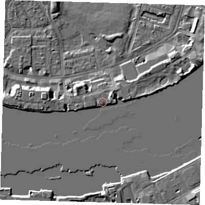 Shaded relief map of the ground around E143DZ, computed from Environment Agency LiDAR. The ground here sits at about 5 m above sea level and falls 7 m across the surrounding 800 m. Surface water reaching this point runs off ground lying to the south-east, 4.5 m higher.