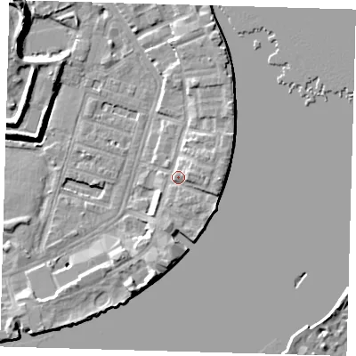 Shaded relief map of the ground around E143EA, computed from Environment Agency LiDAR. The ground here sits at about 5 m above sea level and falls 11 m across the surrounding 800 m. Surface water reaching this point runs off ground lying to the east, 3.4 m higher.