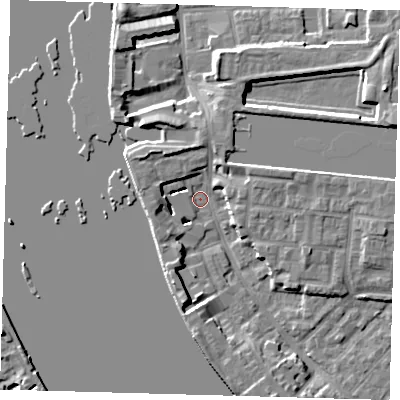Shaded relief map of the ground around E143ED, computed from Environment Agency LiDAR. The ground here sits at about 2 m above sea level and falls 7 m across the surrounding 800 m. Surface water reaching this point runs off ground lying to the south, 6.4 m higher.