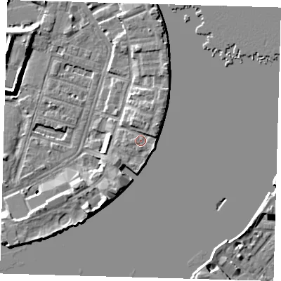 Shaded relief map of the ground around E143EE, computed from Environment Agency LiDAR. The ground here sits at about 5 m above sea level and falls 8 m across the surrounding 800 m. Surface water reaching this point runs off ground lying to the north-east, 2.4 m higher.