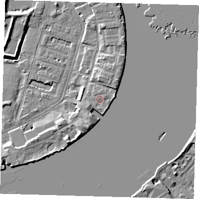 Shaded relief map of the ground around E143EF, computed from Environment Agency LiDAR. The ground here sits at about 5 m above sea level and falls 9 m across the surrounding 800 m. Surface water reaching this point runs off ground lying to the east, 1.7 m higher.