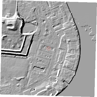 Shaded relief map of the ground around E143EH, computed from Environment Agency LiDAR. The ground here sits at about 2 m above sea level and falls 12 m across the surrounding 800 m. Surface water reaching this point runs off ground lying to the east, 1.2 m higher.