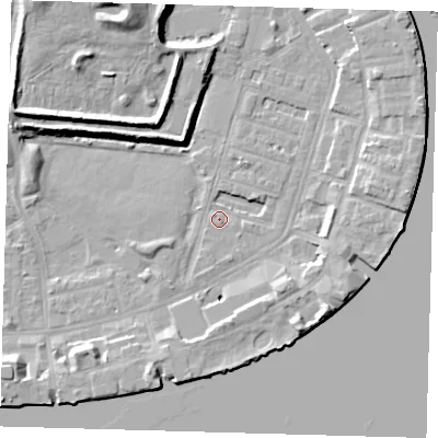 Shaded relief map of the ground around E143ER, computed from Environment Agency LiDAR. The ground here sits at about 2 m above sea level and falls 12 m across the surrounding 800 m. Surface water reaching this point runs off ground lying to the east, 6.4 m higher.