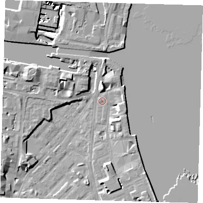 Shaded relief map of the ground around E143ES, computed from Environment Agency LiDAR. The ground here sits at about 3 m above sea level and falls 11 m across the surrounding 800 m. Surface water reaching this point runs off ground lying to the north, 5.3 m higher.