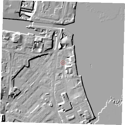 Shaded relief map of the ground around E143ET, computed from Environment Agency LiDAR. The ground here sits at about 2 m above sea level and falls 12 m across the surrounding 800 m. Surface water reaching this point runs off ground lying to the north-east, 4.3 m higher.