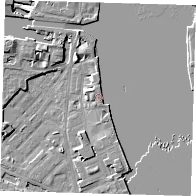 Shaded relief map of the ground around E143EU, computed from Environment Agency LiDAR. The ground here sits at about 5 m above sea level and falls 11 m across the surrounding 800 m. Surface water reaching this point runs off ground lying to the south-south-east, 4.2 m higher.
