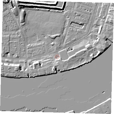 Shaded relief map of the ground around E143FA, computed from Environment Agency LiDAR. The ground here sits at about 2 m above sea level and falls 10 m across the surrounding 800 m. Surface water reaching this point runs off ground lying to the south-east, 2.6 m higher.