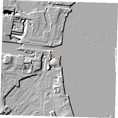 Shaded relief map of the ground around E143FB, computed from Environment Agency LiDAR. The ground here sits at about 5 m above sea level and falls 12 m across the surrounding 800 m. Surface water reaching this point runs off ground lying to the south, 3.7 m higher.