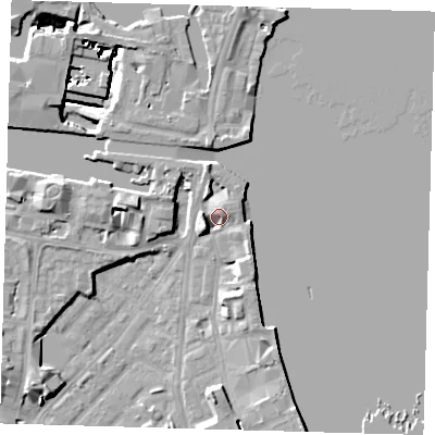 Shaded relief map of the ground around E143FD, computed from Environment Agency LiDAR. The ground here sits at about 4 m above sea level and falls 12 m across the surrounding 800 m. Surface water reaching this point runs off ground lying to the north-north-west, 5.3 m higher.