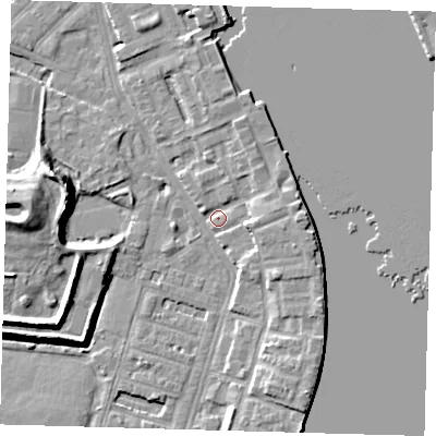 Shaded relief map of the ground around E143GA, computed from Environment Agency LiDAR. The ground here sits at about 3 m above sea level and falls 12 m across the surrounding 800 m. Surface water reaching this point runs off ground lying to the east, 4.0 m higher.