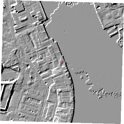Shaded relief map of the ground around E143GF, computed from Environment Agency LiDAR. The ground here sits at about 5 m above sea level and falls 9 m across the surrounding 800 m. Surface water reaching this point runs off ground lying to the south, 1.8 m higher.