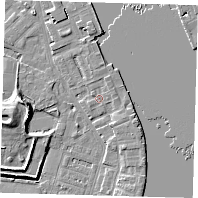 Shaded relief map of the ground around E143GG, computed from Environment Agency LiDAR. The ground here sits at about 4 m above sea level and falls 12 m across the surrounding 800 m. Surface water reaching this point runs off ground lying to the east-south-east, 2.4 m higher.