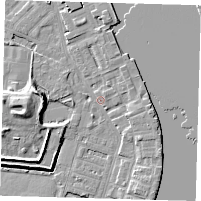 Shaded relief map of the ground around E143GL, computed from Environment Agency LiDAR. The ground here sits at about 3 m above sea level and falls 12 m across the surrounding 800 m. Surface water reaching this point runs off ground lying to the south-south-east, 1.4 m higher.