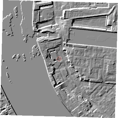 Shaded relief map of the ground around E143GP, computed from Environment Agency LiDAR. The ground here sits at about 2 m above sea level and falls 7 m across the surrounding 800 m. Surface water reaching this point runs off ground lying to the south, 6.4 m higher.