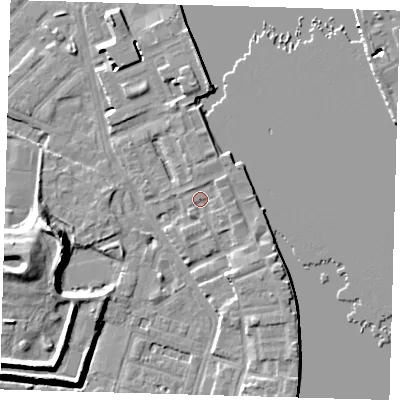 Shaded relief map of the ground around E143GQ, computed from Environment Agency LiDAR. The ground here sits at about 4 m above sea level and falls 12 m across the surrounding 800 m. Surface water reaching this point runs off ground lying to the south-east, 2.4 m higher.