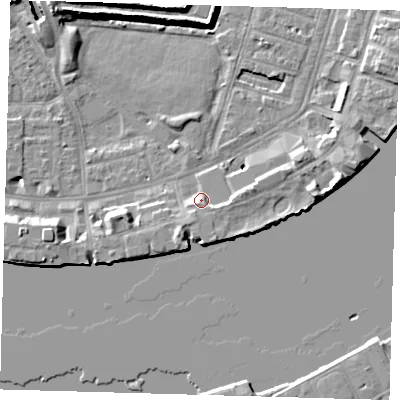 Shaded relief map of the ground around E143GR, computed from Environment Agency LiDAR. The ground here sits at about 4 m above sea level and falls 10 m across the surrounding 800 m. Surface water reaching this point runs off ground lying to the south-west, 2.6 m higher.