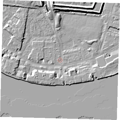 Shaded relief map of the ground around E143GS, computed from Environment Agency LiDAR. The ground here sits at about 2 m above sea level and falls 10 m across the surrounding 800 m. Surface water reaching this point runs off ground lying to the north-north-west, 0.7 m higher.