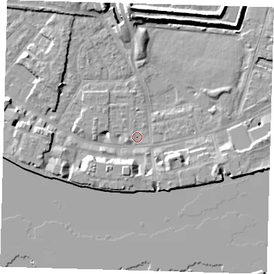 Shaded relief map of the ground around E143GT, computed from Environment Agency LiDAR. The ground here sits at about 2 m above sea level and falls 10 m across the surrounding 800 m. Surface water reaching this point runs off ground lying to the north, 0.5 m higher.