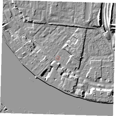 Shaded relief map of the ground around E143GU, computed from Environment Agency LiDAR. The ground here sits at about 2 m above sea level and falls 11 m across the surrounding 800 m. Surface water reaching this point runs off ground lying to the south, 4.4 m higher.