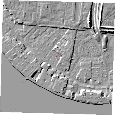 Shaded relief map of the ground around E143GW, computed from Environment Agency LiDAR. The ground here sits at about 2 m above sea level and falls 11 m across the surrounding 800 m. Surface water reaching this point runs off ground lying to the north, 3.2 m higher.