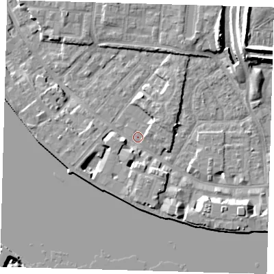 Shaded relief map of the ground around E143GX, computed from Environment Agency LiDAR. The ground here sits at about 2 m above sea level and falls 12 m across the surrounding 800 m. Surface water reaching this point runs off ground lying to the south, 4.4 m higher.