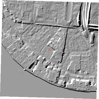 Shaded relief map of the ground around E143GY, computed from Environment Agency LiDAR. The ground here sits at about 2 m above sea level and falls 11 m across the surrounding 800 m. Surface water reaching this point runs off ground lying to the north-north-east, 3.2 m higher.