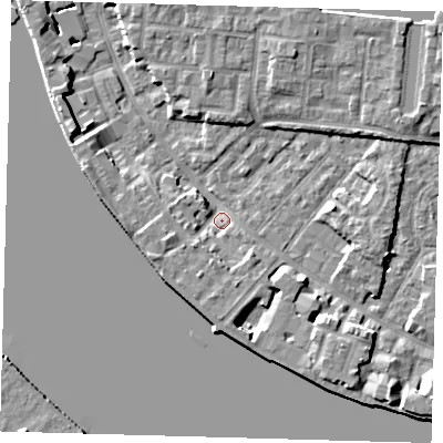 Shaded relief map of the ground around E143GZ, computed from Environment Agency LiDAR. The ground here sits at about 2 m above sea level and falls 7 m across the surrounding 800 m. Surface water reaching this point runs off ground lying to the south-east, 5.0 m higher.