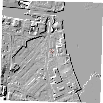 Shaded relief map of the ground around E143HA, computed from Environment Agency LiDAR. The ground here sits at about 2 m above sea level and falls 12 m across the surrounding 800 m. Surface water reaching this point runs off ground lying to the south-west, 8.8 m higher.