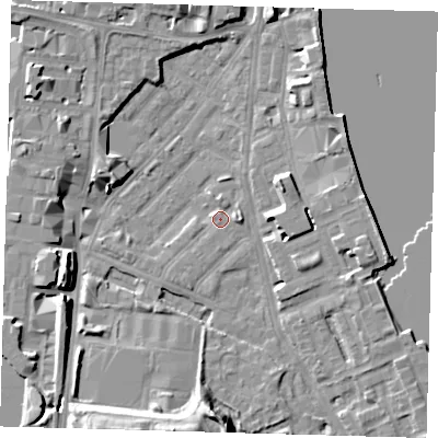Shaded relief map of the ground around E143HE, computed from Environment Agency LiDAR. The ground here sits at about 2 m above sea level and falls 12 m across the surrounding 800 m. Surface water reaching this point runs off ground lying to the east, 2.6 m higher.