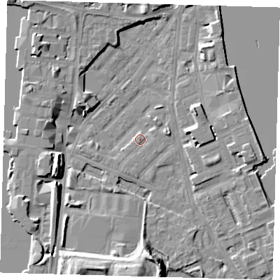 Shaded relief map of the ground around E143HF, computed from Environment Agency LiDAR. The ground here sits at about 2 m above sea level and falls 12 m across the surrounding 800 m. Surface water reaching this point runs off ground lying to the east-north-east, 2.6 m higher.