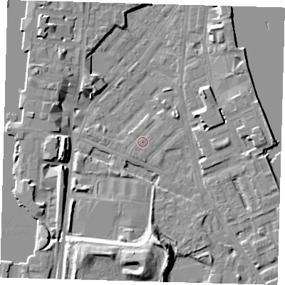 Shaded relief map of the ground around E143HG, computed from Environment Agency LiDAR. The ground here sits at about 2 m above sea level and falls 12 m across the surrounding 800 m. Surface water reaching this point runs off ground lying to the south-west, 0.7 m higher.