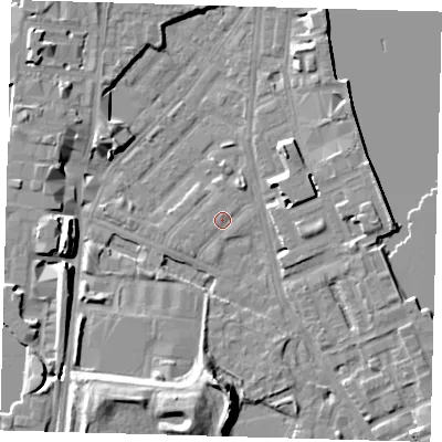 Shaded relief map of the ground around E143HH, computed from Environment Agency LiDAR. The ground here sits at about 2 m above sea level and falls 12 m across the surrounding 800 m. Surface water reaching this point runs off ground lying to the south, 12.1 m higher.