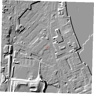 Shaded relief map of the ground around E143HJ, computed from Environment Agency LiDAR. The ground here sits at about 3 m above sea level and falls 12 m across the surrounding 800 m. Surface water reaching this point runs off ground lying to the south-south-west, 12.1 m higher.