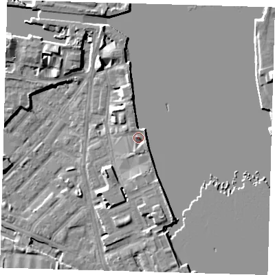 Shaded relief map of the ground around E143HL, computed from Environment Agency LiDAR. The ground here sits at about 5 m above sea level and falls 10 m across the surrounding 800 m. Surface water reaching this point runs off ground lying to the east-south-east, 1.8 m higher.