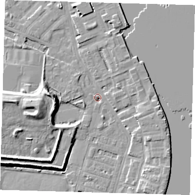 Shaded relief map of the ground around E143HN, computed from Environment Agency LiDAR. The ground here sits at about 2 m above sea level and falls 12 m across the surrounding 800 m. Surface water reaching this point runs off ground lying to the west, 10.2 m higher.