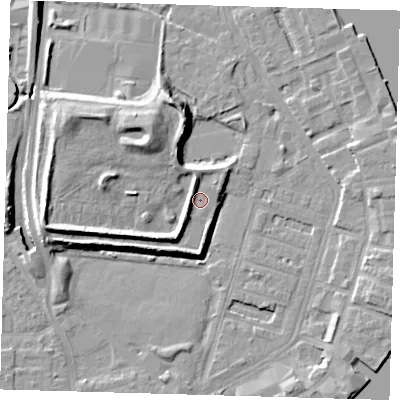 Shaded relief map of the ground around E143HP, computed from Environment Agency LiDAR. The ground here sits at about 5 m above sea level and falls 13 m across the surrounding 800 m. Surface water reaching this point runs off ground lying to the west-south-west, 5.6 m higher.