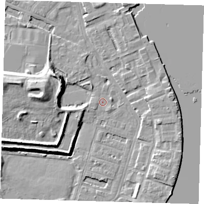 Shaded relief map of the ground around E143HR, computed from Environment Agency LiDAR. The ground here sits at about 2 m above sea level and falls 12 m across the surrounding 800 m. Surface water reaching this point runs off ground lying to the west-north-west, 10.2 m higher.