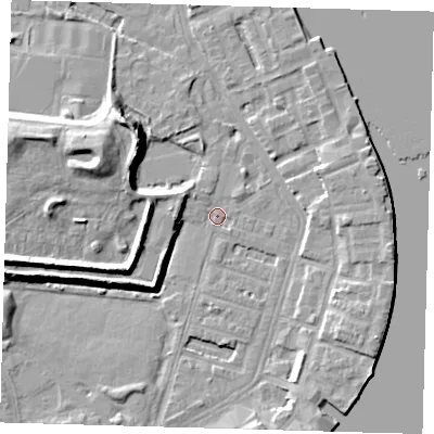 Shaded relief map of the ground around E143HT, computed from Environment Agency LiDAR. The ground here sits at about 2 m above sea level and falls 12 m across the surrounding 800 m. Surface water reaching this point runs off ground lying to the north-west, 10.2 m higher.