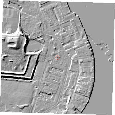 Shaded relief map of the ground around E143HU, computed from Environment Agency LiDAR. The ground here sits at about 2 m above sea level and falls 12 m across the surrounding 800 m. Surface water reaching this point runs off ground lying to the east-south-east, 5.2 m higher.