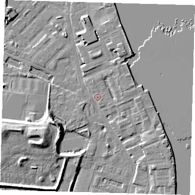 Shaded relief map of the ground around E143HW, computed from Environment Agency LiDAR. The ground here sits at about 3 m above sea level and falls 12 m across the surrounding 800 m. Surface water reaching this point runs off ground lying to the south-east, 4.6 m higher.