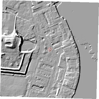 Shaded relief map of the ground around E143HX, computed from Environment Agency LiDAR. The ground here sits at about 2 m above sea level and falls 12 m across the surrounding 800 m. Surface water reaching this point runs off ground lying to the east-north-east, 4.5 m higher.